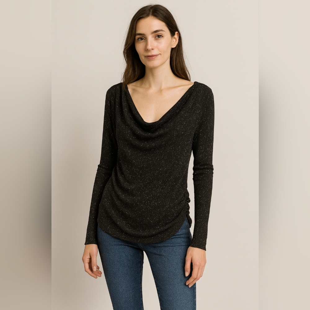 #239 Daytrip Black Cowl Neck Long Sleeve Draped Top Women's Medium